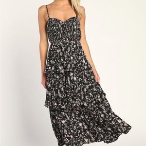 NWT Lulus Cascading Crush Black Floral Tiered Bustier MIDI Dress